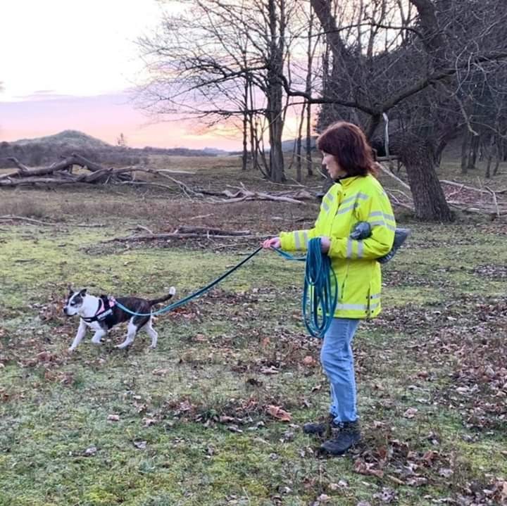 Jolanda staat met één van haar honden aan de lijn op een veld