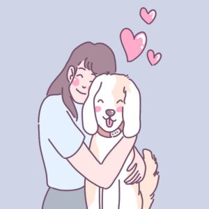 Een getekende hond die knuffelt met haar baasje en blij is