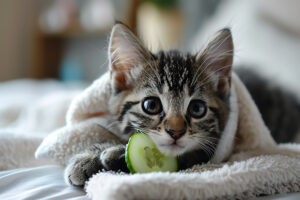 Een kitten onder een handdoek met een plakje komkommer die voor hem ligt