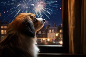 Een hond die uit het raam kijkt naar het vuurwerk in de lucht